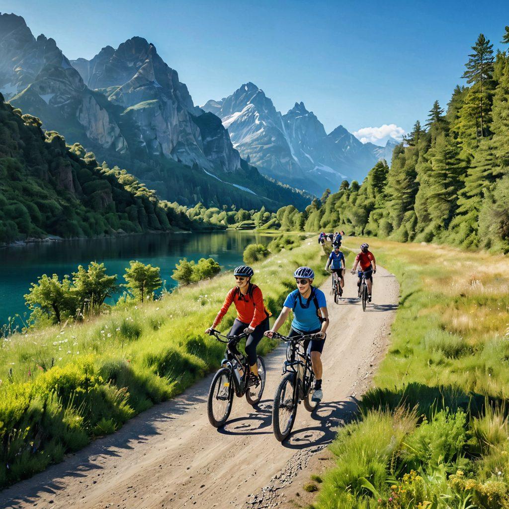 A scenic outdoor landscape featuring cyclists on electrically assisted bikes, surrounded by vibrant greenery and open trails. In the background, majestic mountains rise under a blue sky, while a diverse group of cyclists of various ages and ethnicities enjoy their ride, smiling and embracing nature. The scene captures a sense of adventure and sustainability, emphasizing the connection between fitness and the environment. super-realistic. vibrant colors. natural setting.