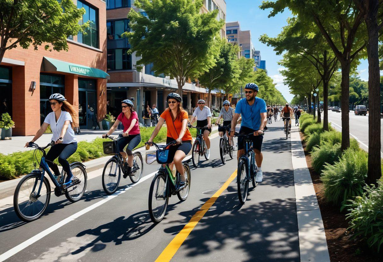 A bustling urban landscape showcasing diverse people commuting on sleek electric bicycles, surrounded by lush greenery and solar-powered charging stations. Incorporate bike lanes, vibrant city buildings, and a bright blue sky to emphasize eco-friendliness. Show a variety of bike styles and riders of all ages to highlight inclusivity. super-realistic. vibrant colors. daytime scene.