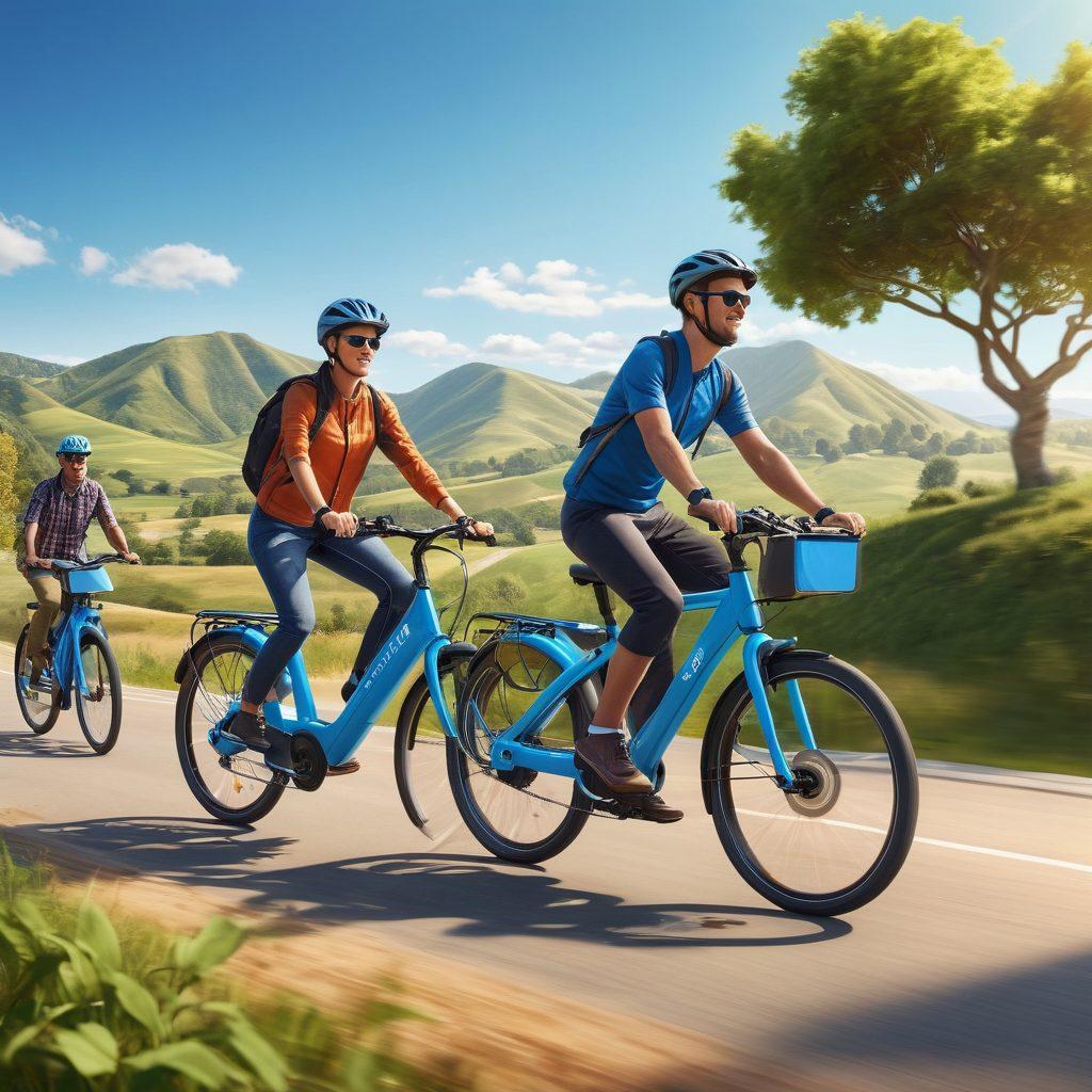 A dynamic scene showcasing diverse individuals riding sleek electric bicycles through a vibrant natural landscape, with rolling hills and clear blue skies. Include eco-friendly symbols like leaves and solar panels in the background. Highlight the joy of adventure and sustainability, emphasizing modern design in the bicycles. Capture a sense of freedom and exploration. super-realistic. vibrant colors.